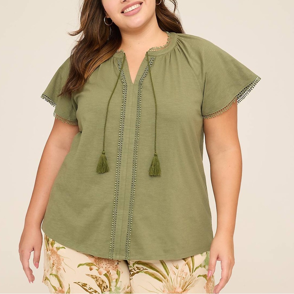 LANE BRYANT Plus Size Notch Neck Trim Detail Top Olive Green Short Sleeve Boho